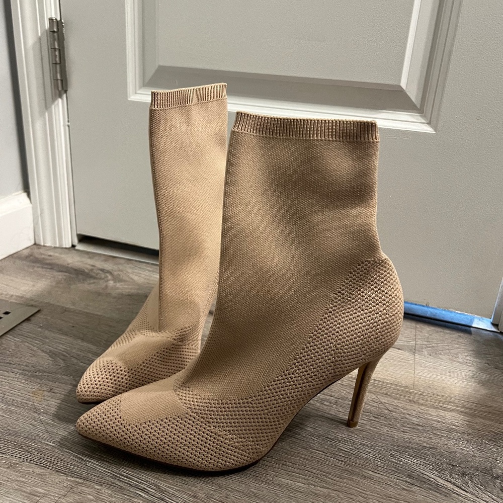 Nude Blush Knitted Ankle Booties Heels